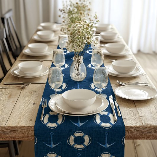 Waterverf Boat Anchor en reddingsboeien Navy Blue Lange Tafelloper