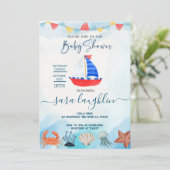 Waterverf Boat Nautisch Baby shower Uitnodigen Kaart (Staand voorkant)