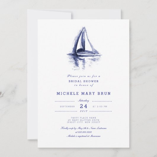 Waterverf Boat Navy Blue Vrijgezellenfeest Invite Kaart (Voorkant)