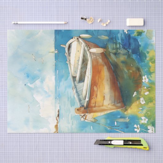 Waterverf Boat op Blue Water Decoupage Tissuepapier (Craft)