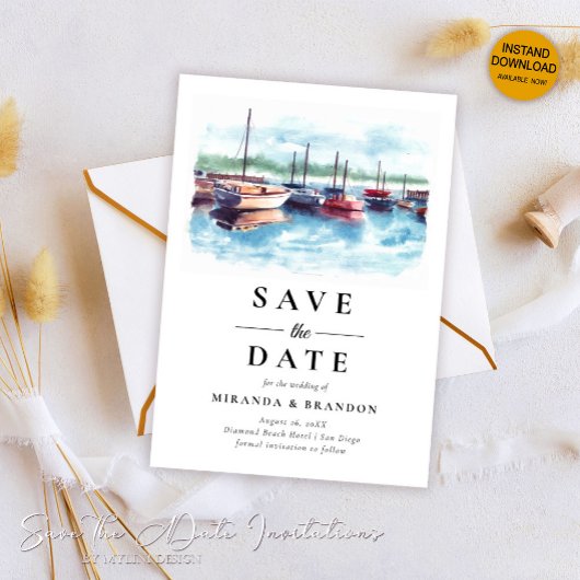 Waterverf Boat Wedding Save the Date Kaart