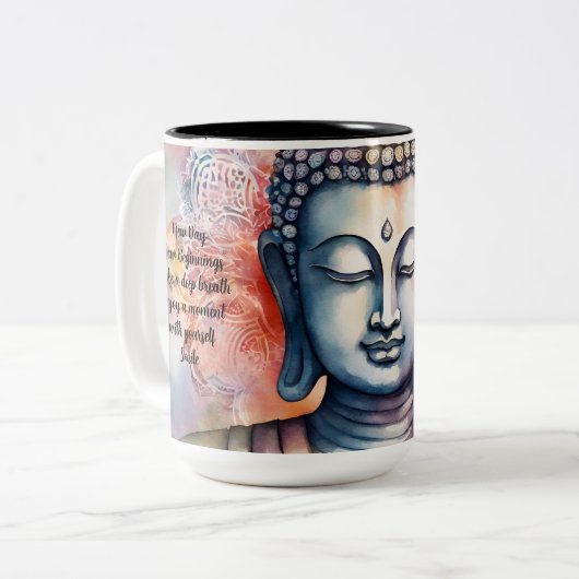 Waterverf Boeddha gezicht met Mandala achtergrond Tweekleurige Koffiemok (Voorkant links)