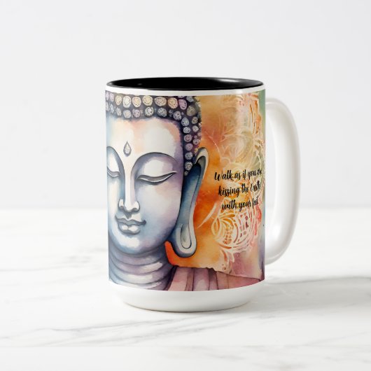 Waterverf Boeddha gezicht met Mandala achtergrond Tweekleurige Koffiemok (Voorkant rechts)
