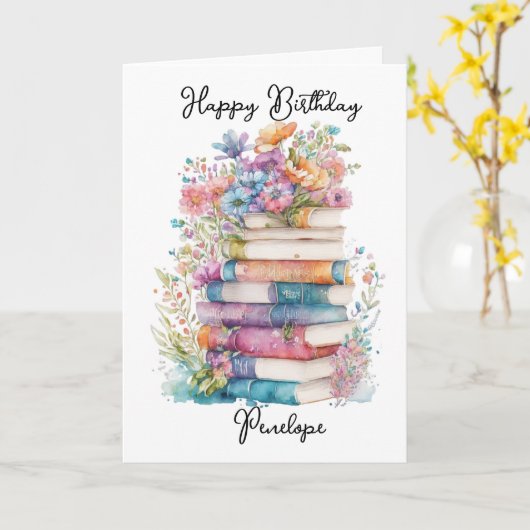 Waterverf Boeken en Bloemen Verjaardag Kaart (Gele Bloem)