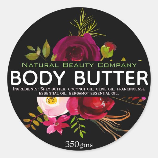 Waterverf boeket op zwarte body boterlabels ronde sticker (Voorkant)