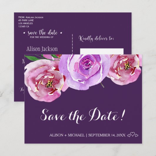 Waterverf boeket pioenrozen pruim bruiloft opslaan aankondigingskaart (Voorkant / Achterkant)