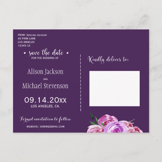 Waterverf boeket pioenrozen pruim bruiloft opslaan aankondigingskaart (Achterkant)