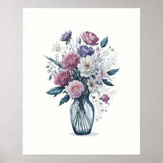 Waterverf Boeket van Bloemen in Glazen Vaas Poster (Voorkant)