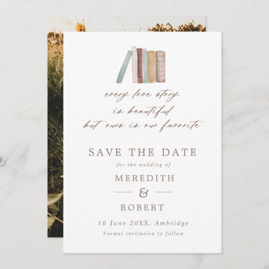 Waterverf boekt elke liefdesverhaal bruiloft foto save the date (Voorkant / Achterkant)