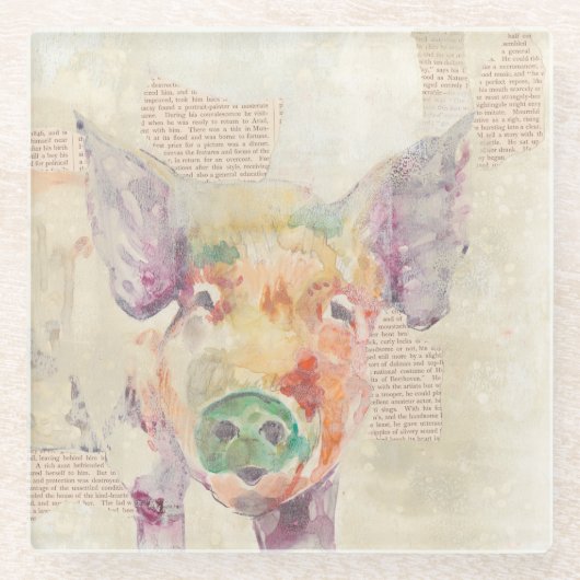 Waterverf Boerderij Collage Pig Glazen Onderzetter (Voorkant)