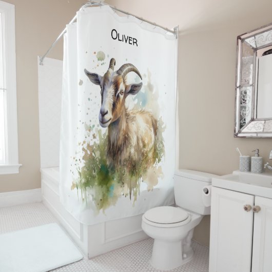 Waterverf Boerderij Geit, op maat Douchegordijn (In situ)