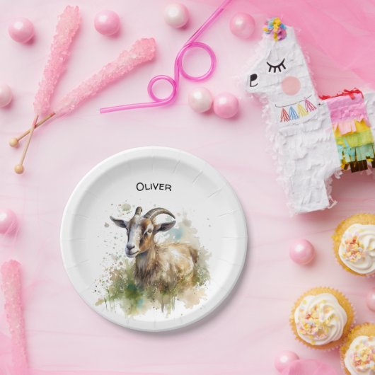 Waterverf Boerderij Geit, op maat Papieren Bordje (Feest)