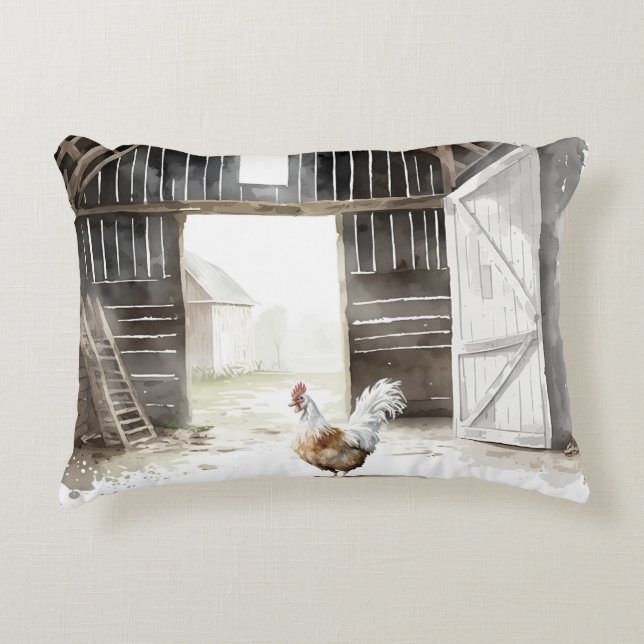 Waterverf Boerderij Haan in een Schuur Accent Kussen (Voorkant)