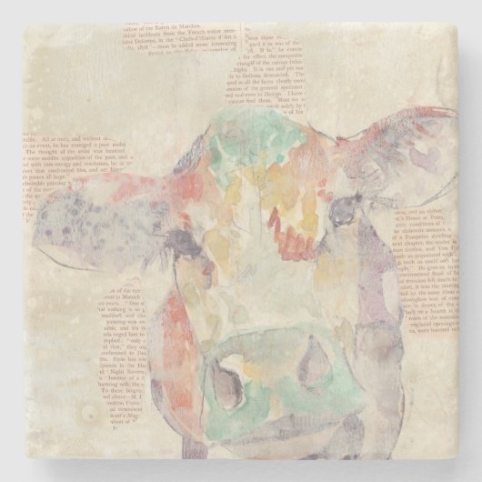 Waterverf Boerderij Koe collage Stenen Onderzetter (Voorkant)