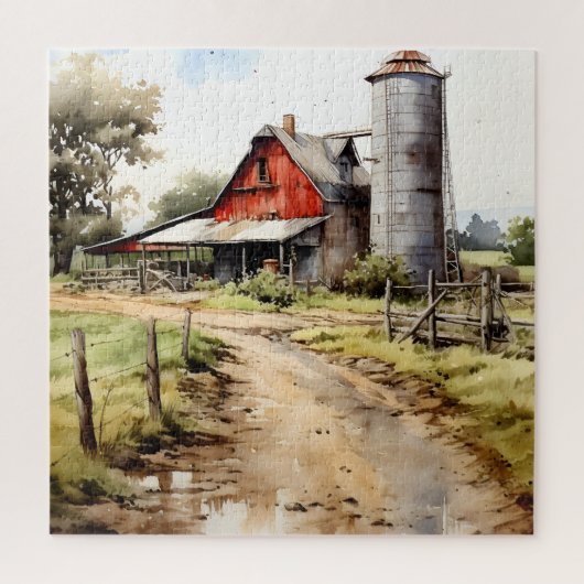 Waterverf Boerderij met Silo Puzzel (Verticaal)