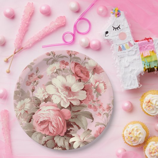 Waterverf Boerderij Roze Rozen & Witte Kosmos Papieren Bordje (Feest)