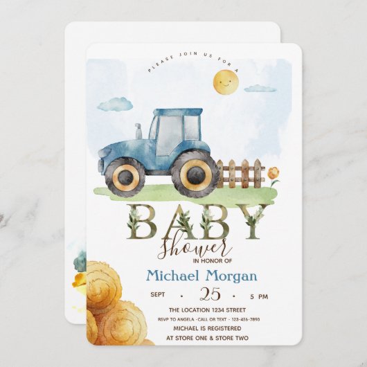 Waterverf Boerderij Tractor Hay Baby shower Kaart (Voorkant / Achterkant)
