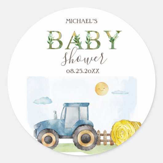 Waterverf Boerderij Tractor Hay Baby shower Ronde Sticker (Voorkant)