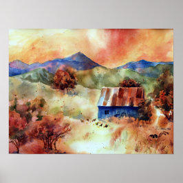 Waterverf Boerderij van de Rocky Mountains Poster