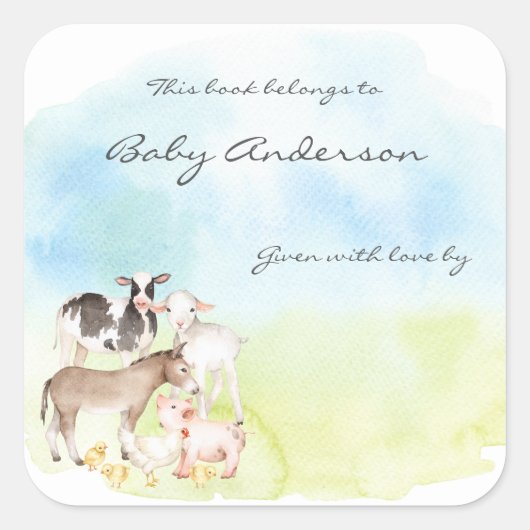 Waterverf Boerderijdieren Boekplaat Vierkante Sticker (Voorkant)