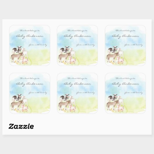 Waterverf Boerderijdieren Boekplaat Vierkante Sticker (Vel)