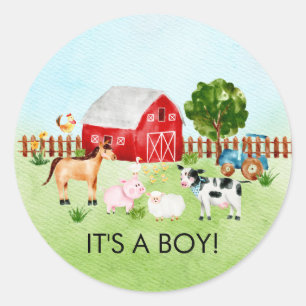 Waterverf Boerderijdieren Het is een Boy Favor Sti Ronde Sticker