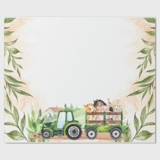 Waterverf boerderijdieren tractor cadeaupapier (Vlak)