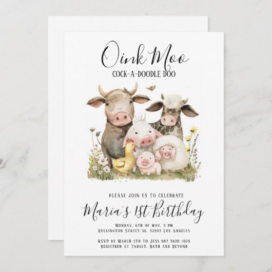 Waterverf boerderijdieren verjaardag kaart (Voorkant / Achterkant)