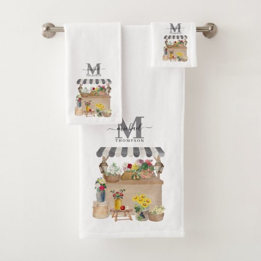 Waterverf Boerenmarkt Bloemenwagen Monogram Bad Handdoek (Insitu)