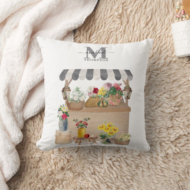 Waterverf Boerenmarkt Bloemenwagen Monogram Kussen (Deken)