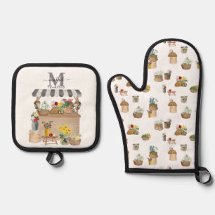Waterverf Boerenmarkt Bloemenwagen Monogram Ovenwant & Pannenlap Set