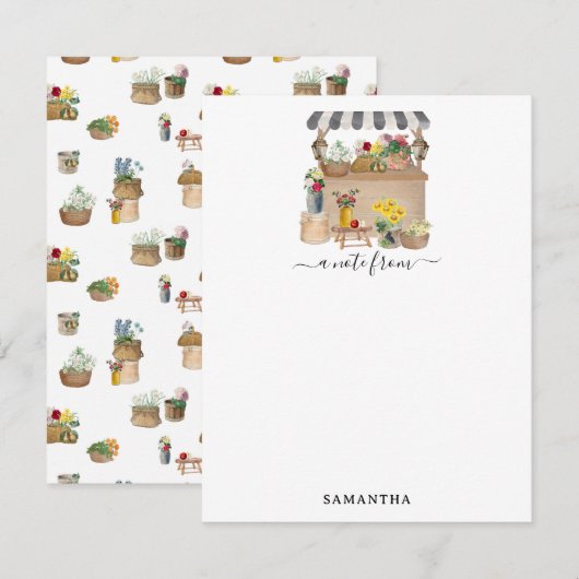 Waterverf Boerenmarkt Bloemenwagen Stand Notitiekaartje (Voorkant / Achterkant)