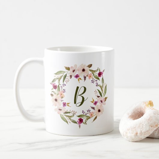 Waterverf Boheemse Bloemenkrans Monogram Mok (Met donut)