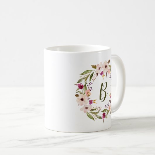 Waterverf Boheemse Bloemenkrans Monogram Mok (Voorkant rechts)