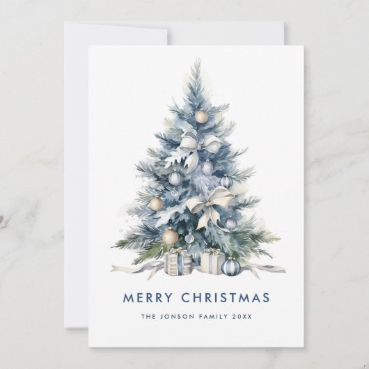 Waterverf Boheemse Neutraal Blauwe Kerstboom Feestdagenkaart (Voorkant)
