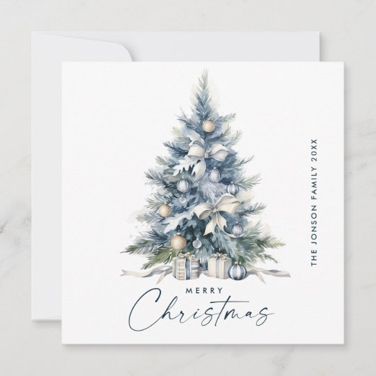 Waterverf Boheemse Neutraal Blauwe Kerstboom Feestdagenkaart (Voorkant)