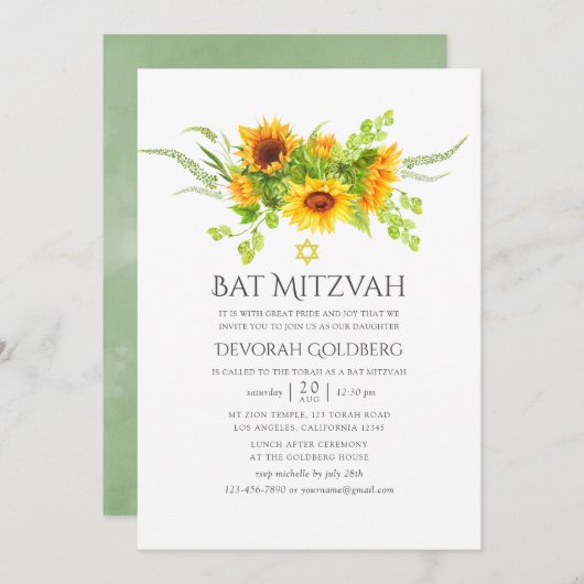 Waterverf Bohemian Boho Sunflower Bat Mitzvah Kaart (Voorkant / Achterkant)