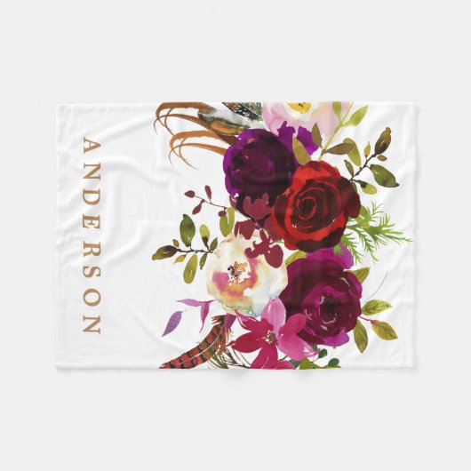 Waterverf Bohemian Floral Bourgondië Marsala Fleece Deken (Voorkant (Horizontaal))