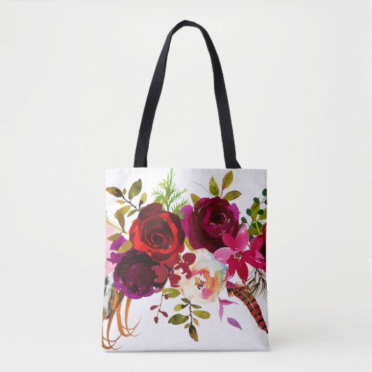 Waterverf Bohemian Floral Bourgondië Marsala Rood Tote Bag (Voorkant)