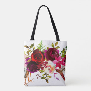 Waterverf Bohemian Floral Bourgondië Marsala Rood Tote Bag