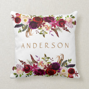 Waterverf Bohemian Floral Bourgondië Marsala Wit Kussen