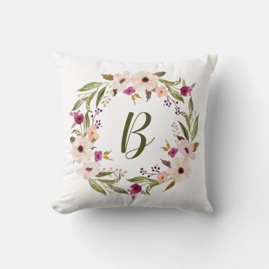 Waterverf Bohemian Floral Wreator Monogram Pillow Kussen (Voorkant)