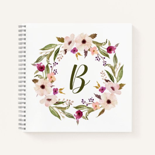 Waterverf bohemien bloemenkrans monogram notitieboek (Voorkant)