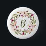 Waterverf bohemien bloemenkrans monogram ronde button 5,7 cm<br><div class="desc">Boheemse geïnspireerde speldenknop met waterverf paarse en ivoren bloemen met loof krans. Deze aanpasbare monogram pin knop is perfect voor een gepersonaliseerd cadeau.</div>