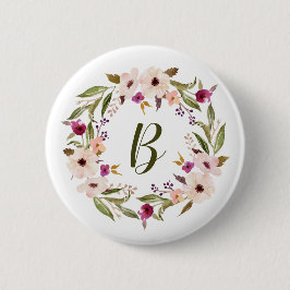 Waterverf bohemien bloemenkrans monogram ronde button 5,7 cm