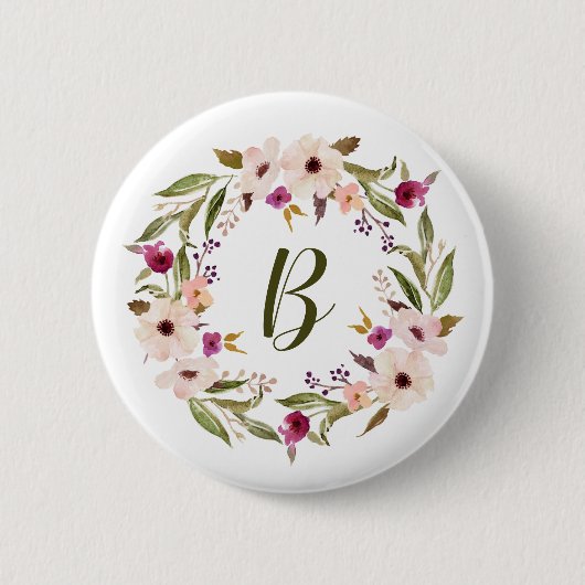 Waterverf bohemien bloemenkrans monogram ronde button 5,7 cm (Voorkant)