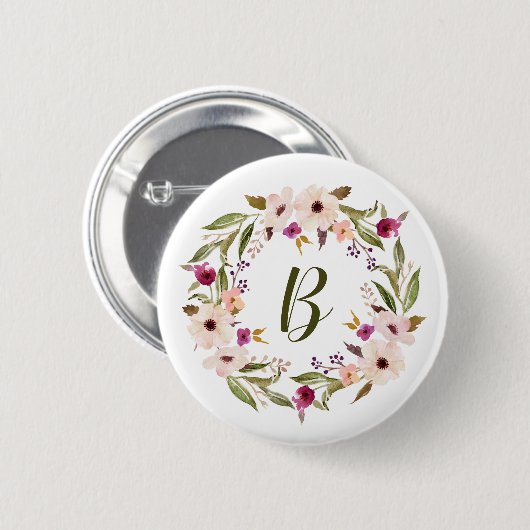 Waterverf bohemien bloemenkrans monogram ronde button 5,7 cm (Voorkant /achterkant)