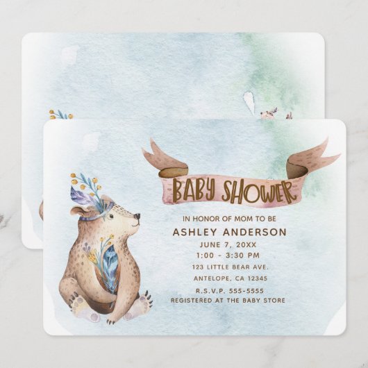 Waterverf Boho Beer rustieke dieren Baby shower Kaart (Voorkant / Achterkant)