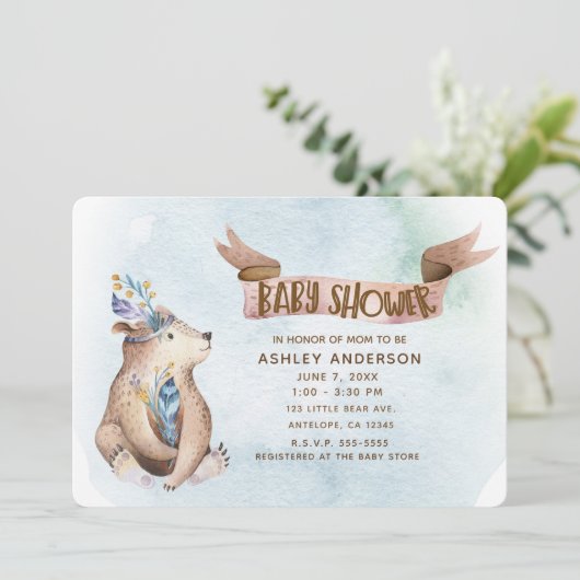 Waterverf Boho Beer rustieke dieren Baby shower Kaart (Staand voorkant)