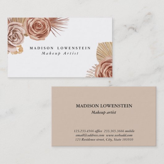 Waterverf Boho Beige Rozen Gedroogde palmbladeren Visitekaartje (Voorkant / Achterkant)